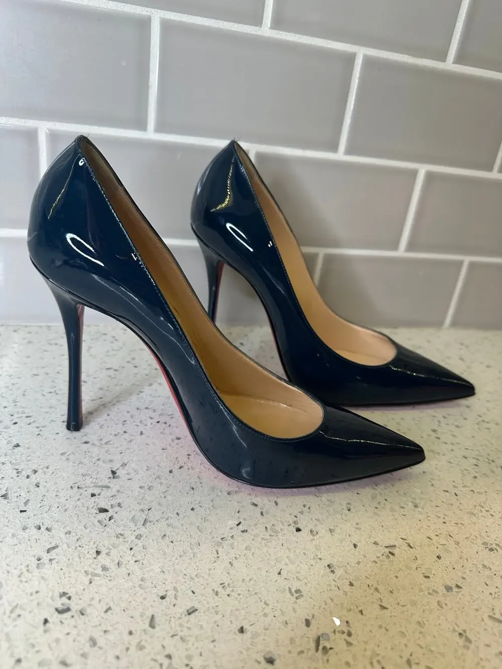 Christian Louboutin Navy Patent Leather Pointed-Toe Pumps - Size 38 (So Kate)